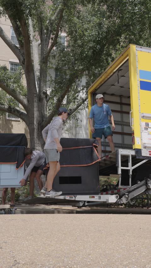 Crew members unloading a blanket-wrapped piece of furniture onto the liftgate under the trees