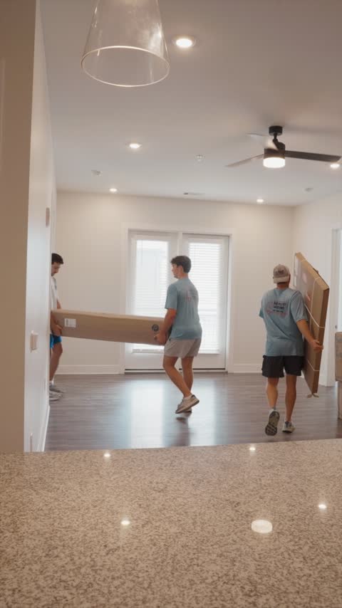 Three crew members carrying flat-pack furniture through a new apartment living room
